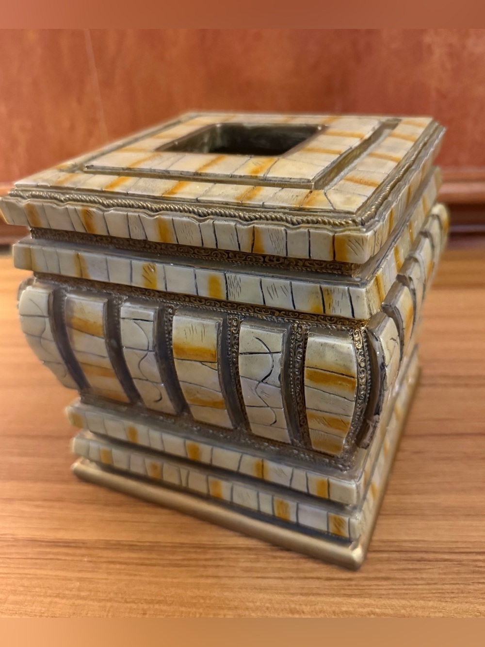 Vintage Ivory Coast Tissue Box Cover Cube Square Resin Cream Tan Tribal